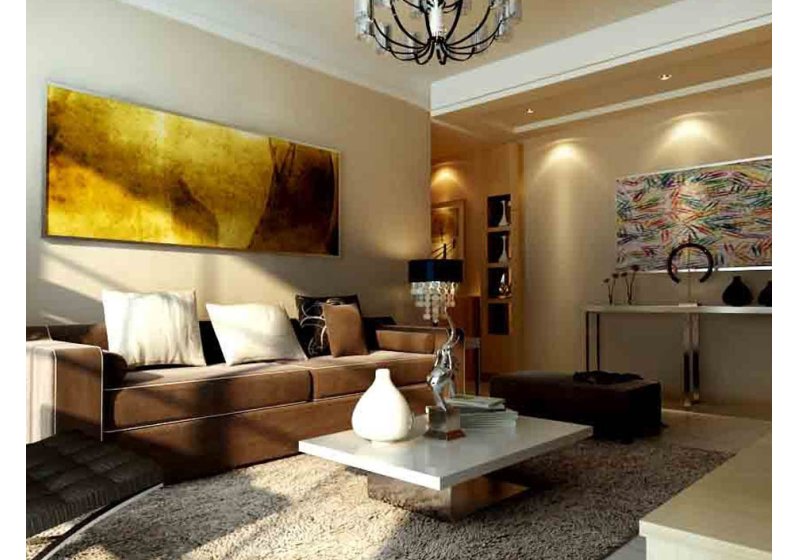 墙面以浅咖色乳胶漆,搭配棕色的沙发和棕黄色墙面装饰,整体感觉相得