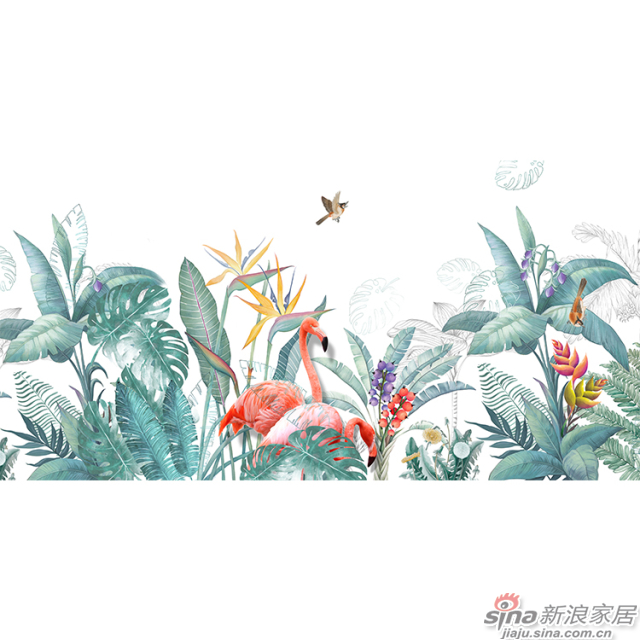 丛林秘语_火烈鸟行走在热带植物花丛图案自然花鸟背景墙_JCC天洋墙布-1