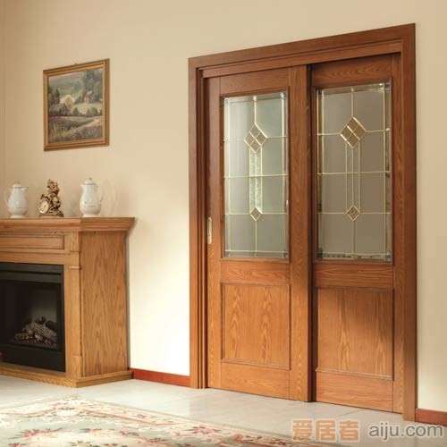 珊嘉木框铜条玻璃双推拉实木复合门：QB061