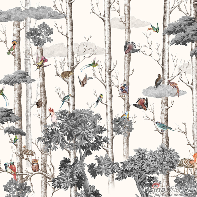 森林逸趣_灰白色树干上群鸟私语壁画自然花鸟背景墙_JCC天洋墙布-1