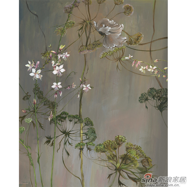 与花为邻_长长花柄皎洁花朵生机磅礴的草青色调壁画欧式风格背景墙_JCC天洋墙布-2