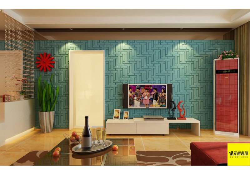 客厅运用了蓝色的背景跟墙角的花形成呼应，再加上空调的颜色，整体很搭配。