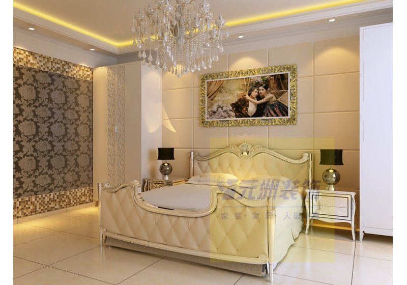 卧室空间的欧式体现在于米色与黑灰色的大花对比，显现了更为安雅的生活。
