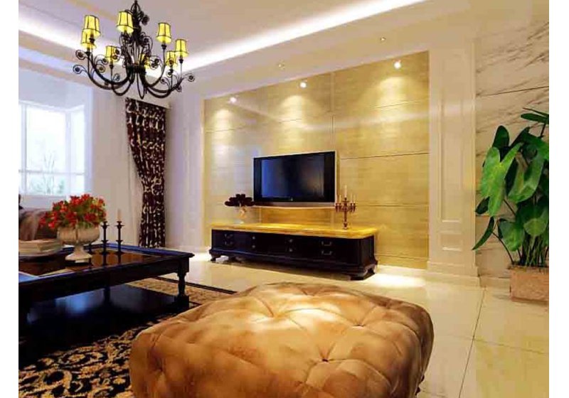 整体感觉简洁温馨，墙面主要是通过壁纸装饰。家具以简约舒适为主，色调以暖色调为主，电视背景以仿古砖为主色，配以白色混油柱子和天然。