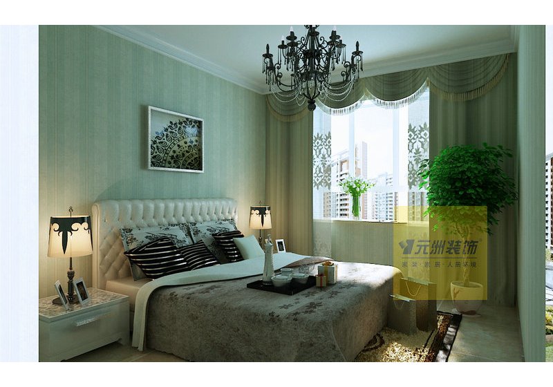 卧室空间干净素雅，淡绿色条纹壁纸的映衬下，整个卧室空间弥漫着淡淡的清新。