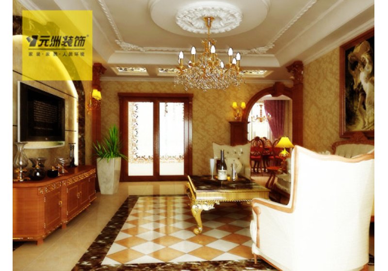 客厅弥漫着古色韵味，暗黄的壁纸，内设圆环的方形吊顶与古典的吊灯相得益彰；舒适的黄红色系沙发、柔和的灯光使客厅庄重不失温和