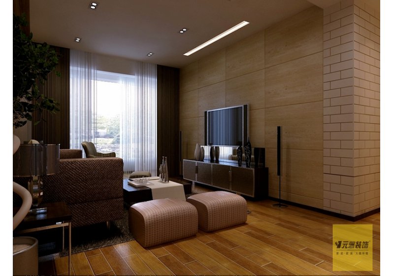 电视墙那面色调以暖色调为主，细致清新。 设计师对客厅的设计也尤为讲究，无主灯设计。