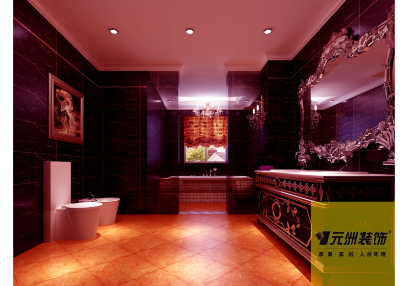 卫生间:黑金花大理石配描银浴室柜尽显奢华。