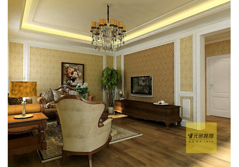 二楼客厅：以白色护墙板和壁纸结合简洁温馨大气。