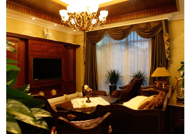 以棕色为主，运用大量实木装饰，让客厅增加厚重感。