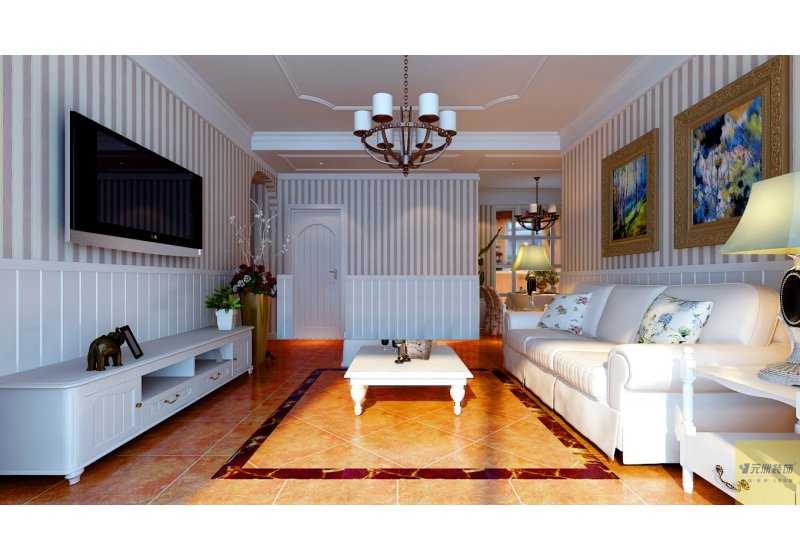 客厅：墙面采用白色混油护墙板与壁纸结合设计。整体以暖色调为主，细致清新。