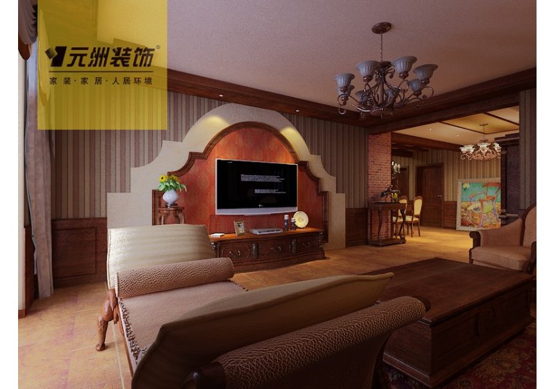 客厅：地面仿古地砖，电视背景墙使用壁纸和实木线条的搭配。