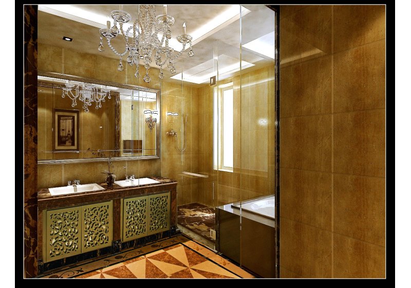 浴室明亮的色彩设计使整个空间融会贯通，又华贵和谐。