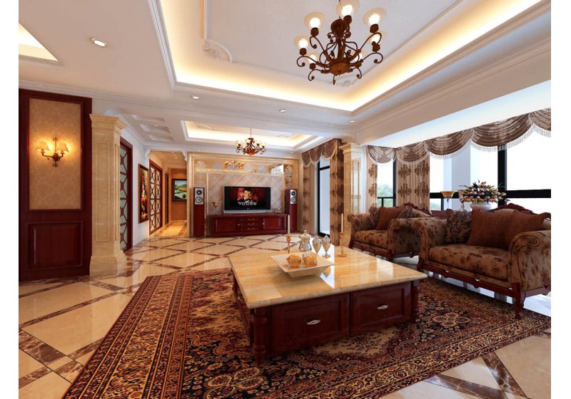 客厅空间利用暖色大理石石材、茶镜和深色布艺沙发把客厅的庄重、气派淋漓尽及的表现出来。