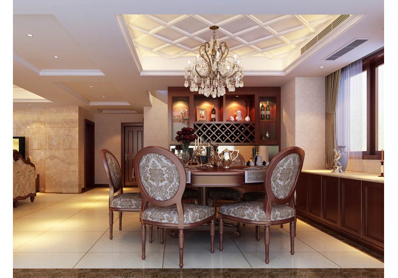 奢华的水晶吊灯，彰显古典风格的精致。餐厅的家具线条融入了现代的简约。