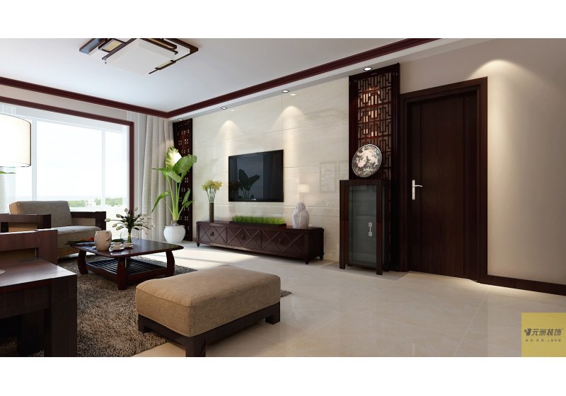 客厅：电视墙采用石材和中式木雕结合，更有张力，细致清新。		
