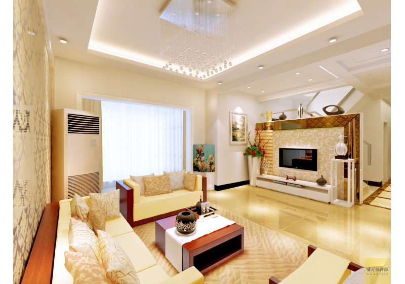 客厅空间利用白色爵士白大理石石材、银镜和银色线条和白色护墙板，把客厅的奢华、高贵淋漓尽及的表现出来。
