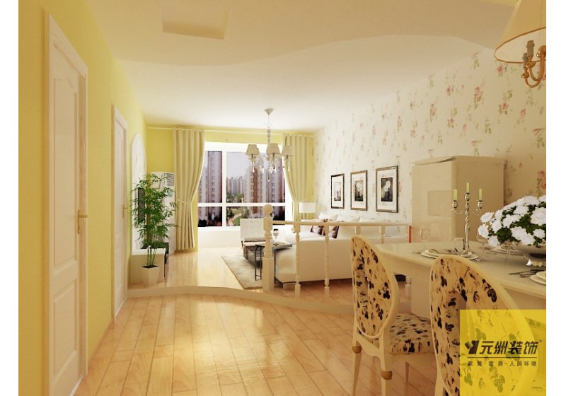 地面浅枫木色主色地板让整个空间顿时温馨起来，墙面鹅黄色的乳胶漆和壁纸的相互配合田园风格的家具都淋淋尽职的表现了浓郁的青春浪漫的温馨氛围。