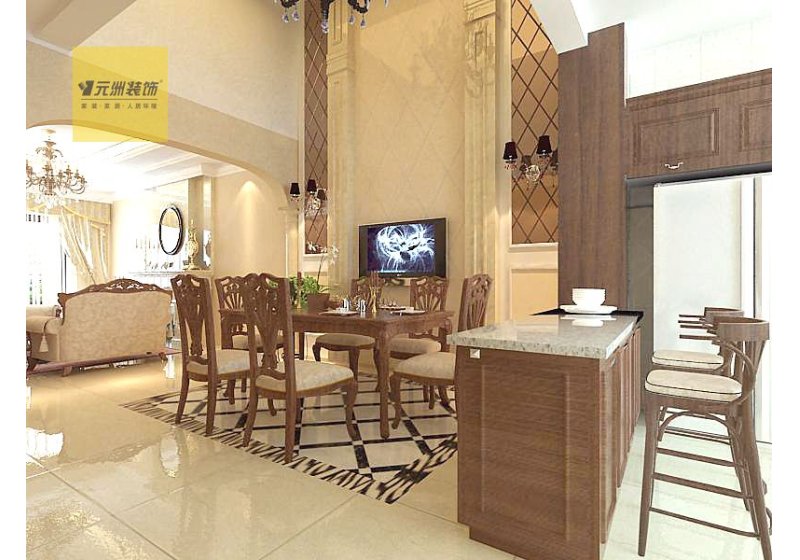 餐厅位于一层和二层的共享空间，6米的挑高处用埃及米黄石材装饰墙面张扬大气，彰显别墅大户型空间。