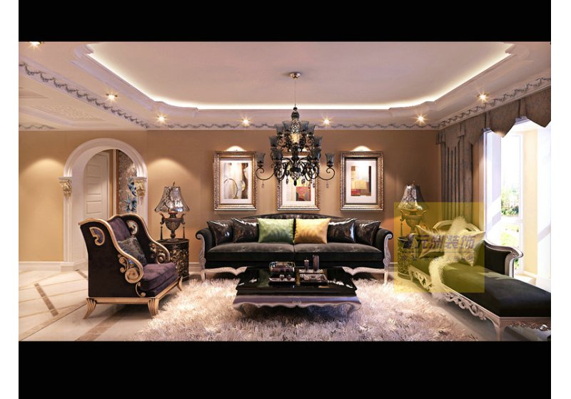 客厅以淡雅的色彩为主调，配以同色系的布衣沙发和灯饰，尽显舒适和优雅。白色的毛毯传达出浪漫唯美的感情，金银二色的靠垫则彰显着贵族的气质。墙上的剪影勾勒出女人优美的线条，还有灵动的蝴蝶，给客厅增添了一抹柔美的诱惑和生动的色彩，熠熠生辉的活力。黄色的光晕倾洒在油画上，浑然一体，仿佛油画上的一轮夕阳，绽放出祥和温暖的光彩。 