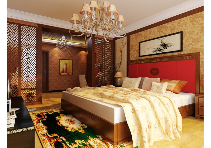 纯中式的卧室，高大的中式床，整个空间恰到好处的中式镂空及回形纹理的运用，古朴之韵随处蔓延。