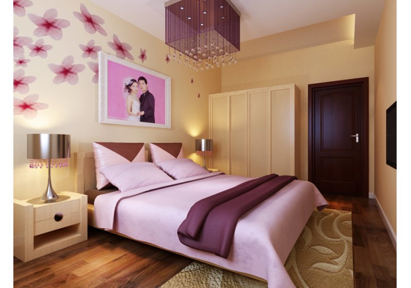 卧室：紫色的运用在于梦幻、在于浪漫、在于对未来美好生活的追求与向往。整体暖色调的使用，更加突出的婚房的主题。