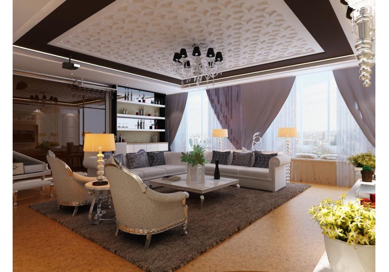 在元素运用上，既选用了现代风格简洁的黑白色，又采用欧式风格的家具及金色暗花壁纸，让空间干净且丰满。