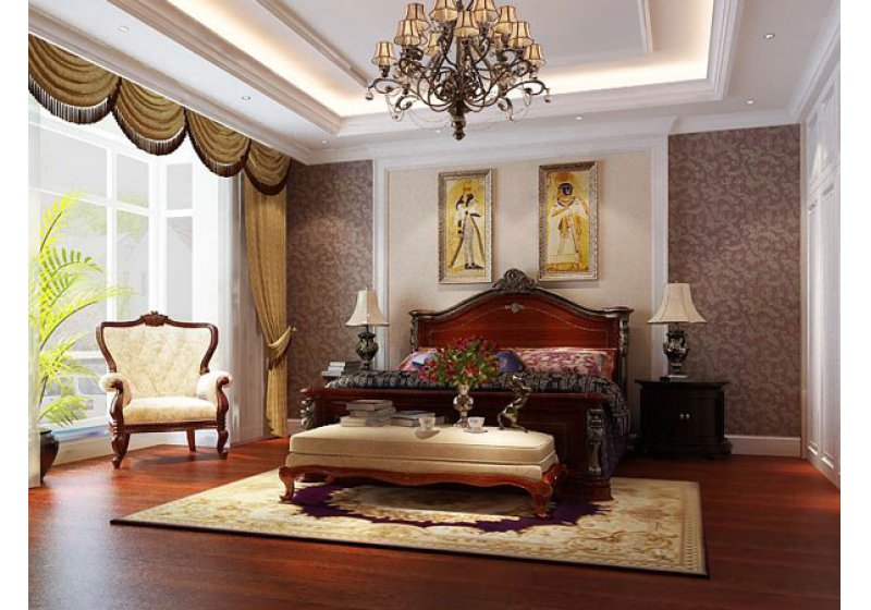 红色木质地板与木质红床色彩和谐统一，床头两幅古典壁画增添几分传统中国元素，窗帘配上曼妙的薄纱，朦胧、浪漫之感油然而生。

