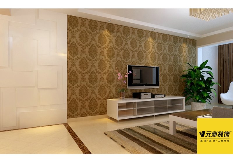 客厅的设计很简单电视墙一边不规则的白色造型体现时尚美观的感觉，大面积壁纸的设计简约而又时尚。