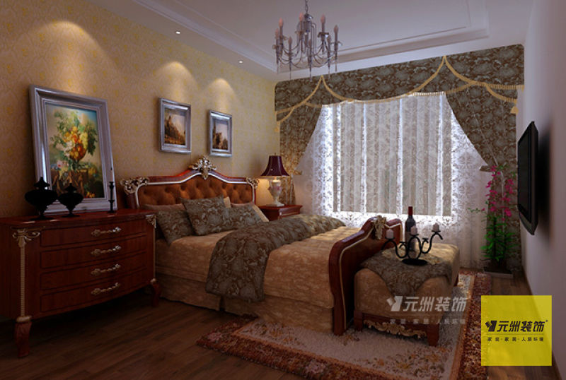 主卧室：墙面结合壁纸窗帘增加卧室的柔和感，中式雕花家具。