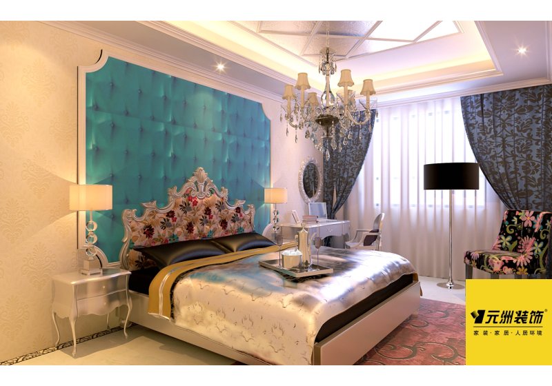 主卧室体现出了女主人的高雅品位，色彩斑斓的床头，银色奢华的边柜，意境幽蓝的背景造型，让空间无不渗透出妖娆奢华。