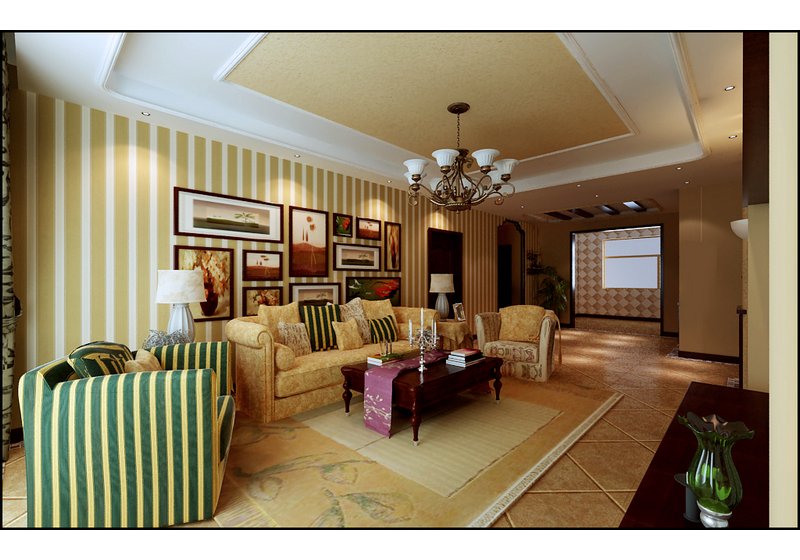 客厅通过造型划分出会客区，采用马赛克与美式造型的结合，风格独特