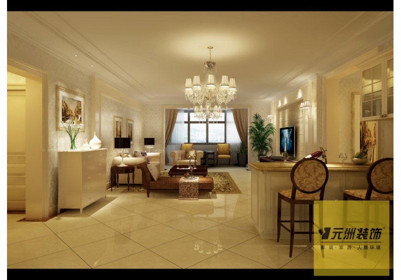 客厅整体色调为浅色调，地面瓷砖斜拼，墙面少量运用护墙板和石材