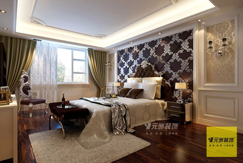 主卧室：床头背景用软包做背景，结合壁纸窗帘增加卧室的柔和感。