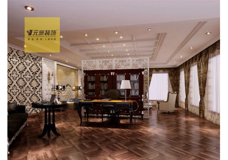 吊顶空间与地面空间的风格通过材质的巧妙运用与搭配得到了统一，墙面大胆的花纹与书桌北京的镂空隔断相得益彰。整个空间开阔华丽。 