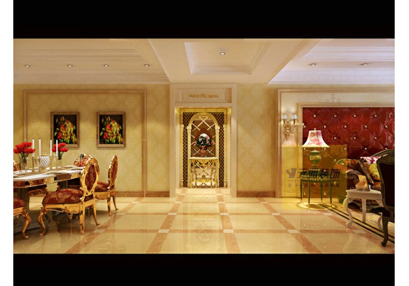 走廊吊顶造型将客餐厅区域明确划分，独具特色的地面铺贴方式彰显出整个空间的大气奢华。