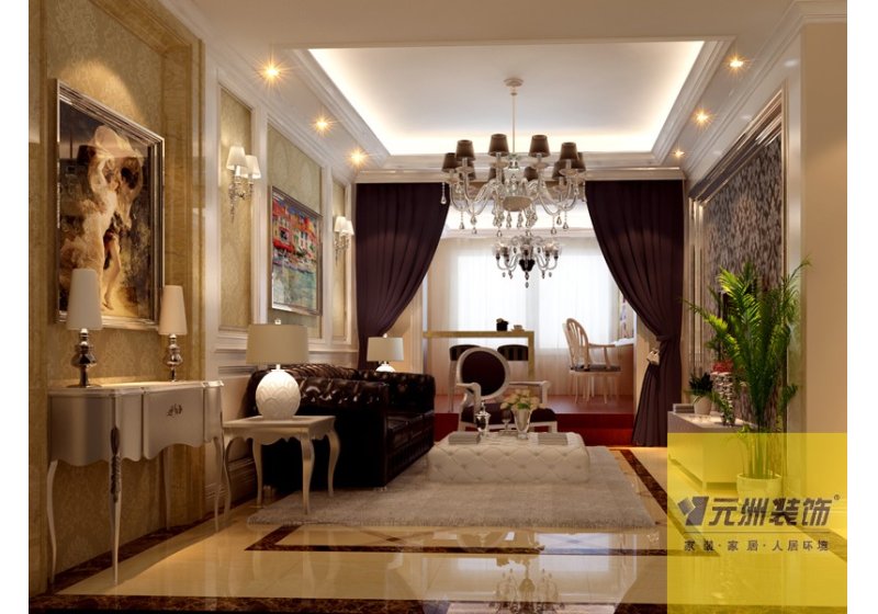 起居室的设计运用米黄色的壁纸，大理石地面与银色质感的的家具和紫色窗帘相结合，给空间赋予时尚的气息，增添浪漫的色彩。