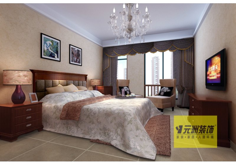 简单干净的墙纸配以深色窗帘，整个卧室营造出一种浪漫温馨的气息。