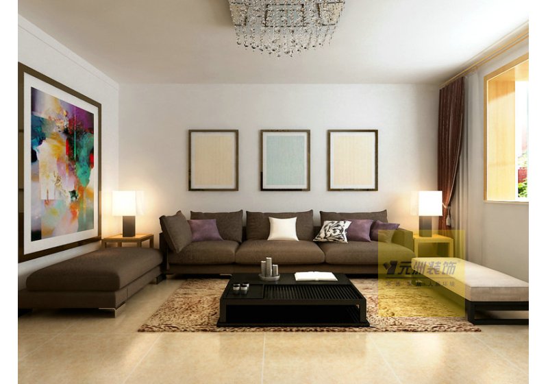 客厅简约大气，沙发背景墙运用三幅装饰挂，使整个空间的立体感提升。