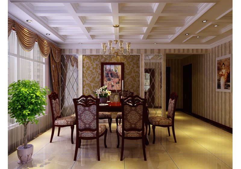 餐厅采用了和客厅相统一的风格，实木的餐桌及餐椅，营造出舒适的就餐环境。餐厅吊顶做了艺术化处理，更加朦胧、温馨。
