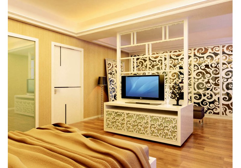 卧室的电视柜与镂空的后墙融为一体，在休息时更能赏心悦目。