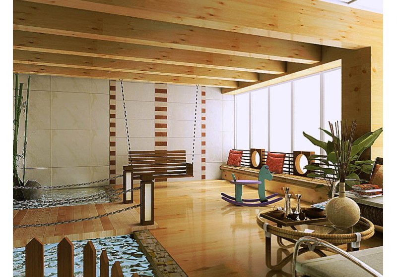 露台：简单的秋千、木马，平静又温和，家具也是相当的简单，营造出悠然惬意的空间。