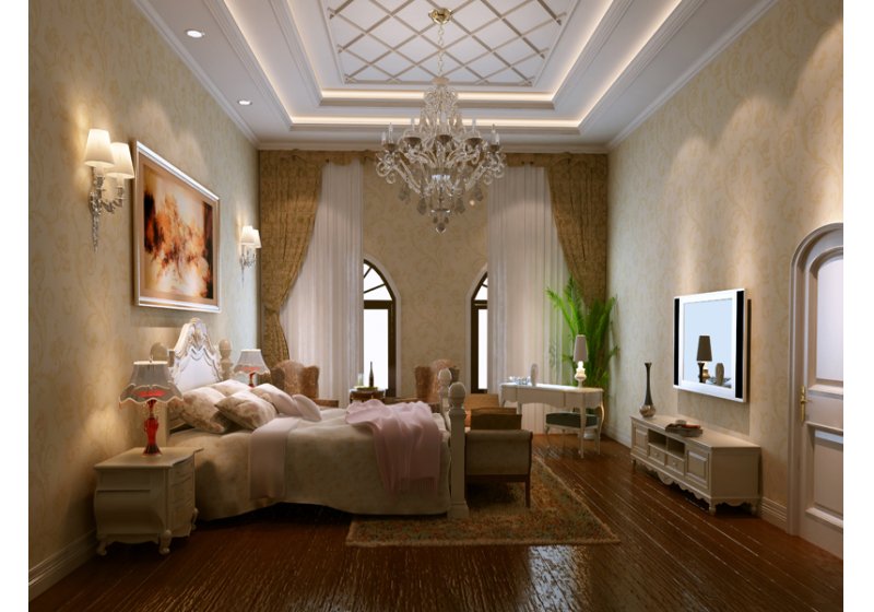 卧室的设计不仅体现了欧式风格的大气奢华，还有简约欧式风格的惬意浪漫