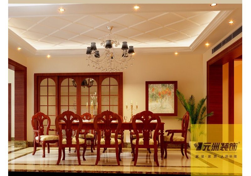 餐厅的设计主要以木制家具为主使空间显得沉稳大气，搭配上淡紫色的水晶吊灯又不失时尚的气息