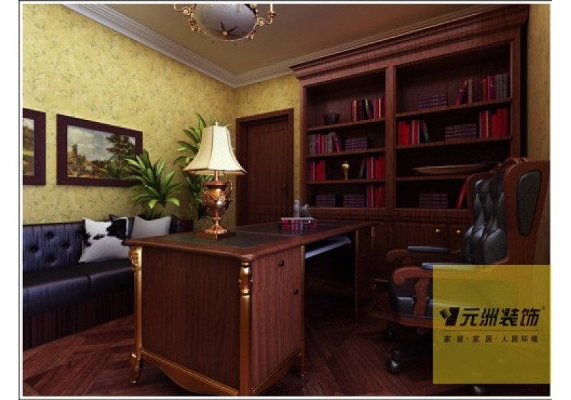 书房，黄色碎花壁纸简约舒适，给人以放松的感觉