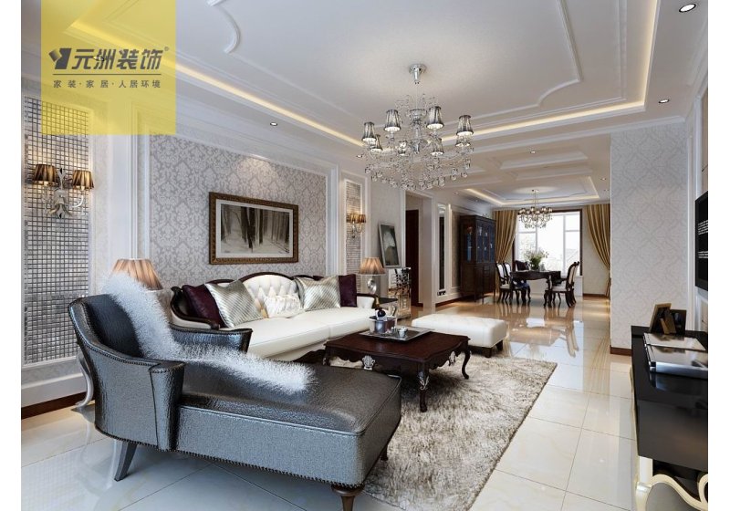 沙发后采用简单线条银色金属马赛克搭配浅咖色壁纸舒适典雅。