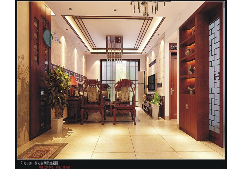 业主装修定义为古典中式风格，客厅想做得复古但不要琐碎。 