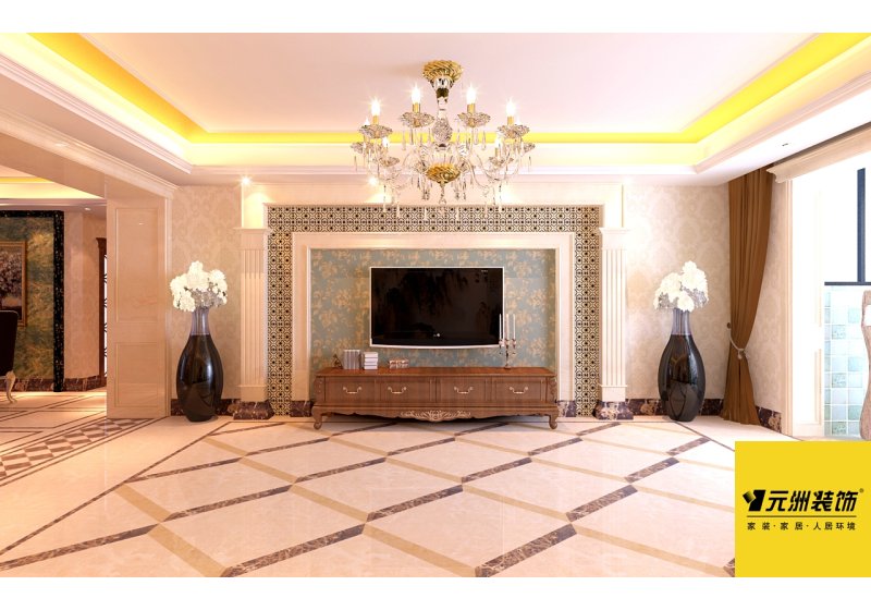客厅空间先从地面造型，墙面，顶面都有一个整体迎合，斜网格的地拼，西班牙米黄的石材电视墙，定制的抛金金砖点缀把一个新古典客厅展示出了一种奢华优雅。