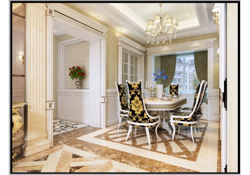 整体风格为欧式，此图为玄关与餐厅区域，欧式家具，奢华地拼，优雅线条相结合营造出完美奢华的家庭氛围