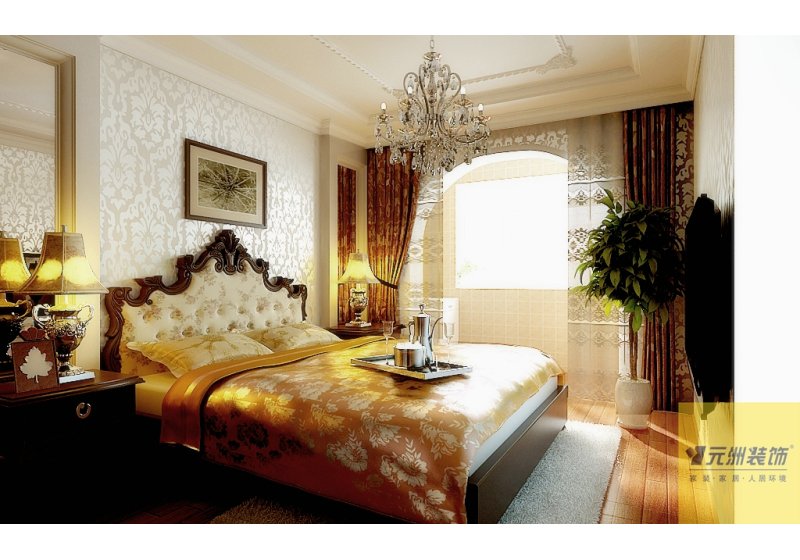 主卧室采用新古典对称手法造型，玻璃和壁纸交相呼应。 